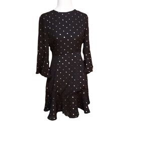 Lulus S Knee Length Dress Quarter Bell Sleeve Black Gold Polka Dots Zip …